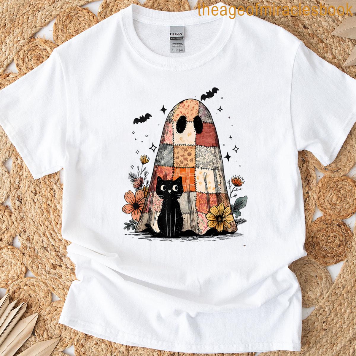 Patchwork Ghost Holding Black Cat Funny Halloween Cat Lovers T-shirt