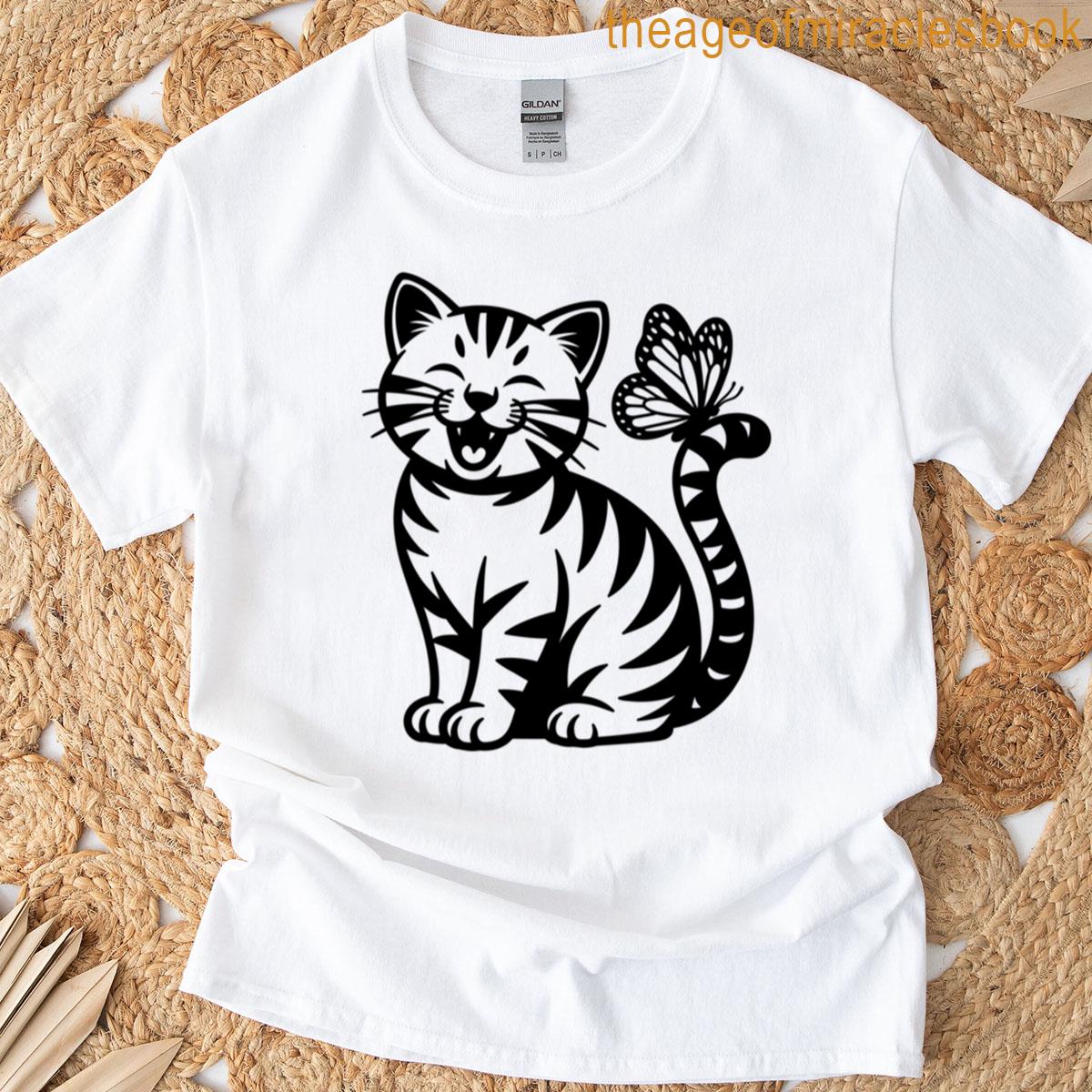 Cute Smiling Cat With Butterfly T-shirt