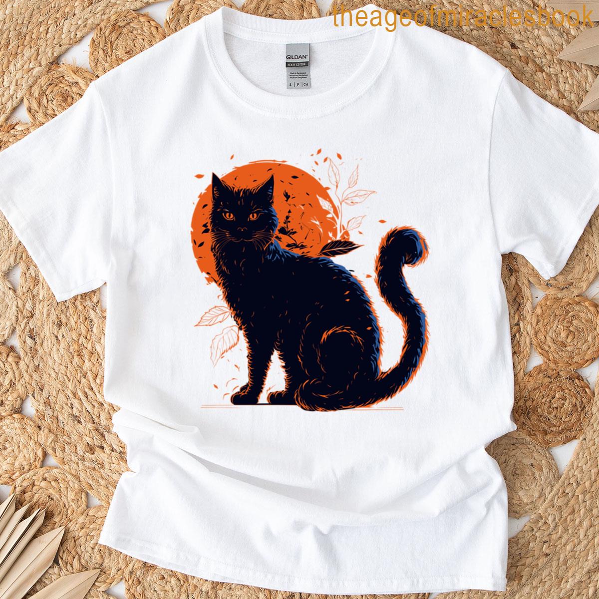 Orange Moon Halloween Black Cat Watcher T-shirt