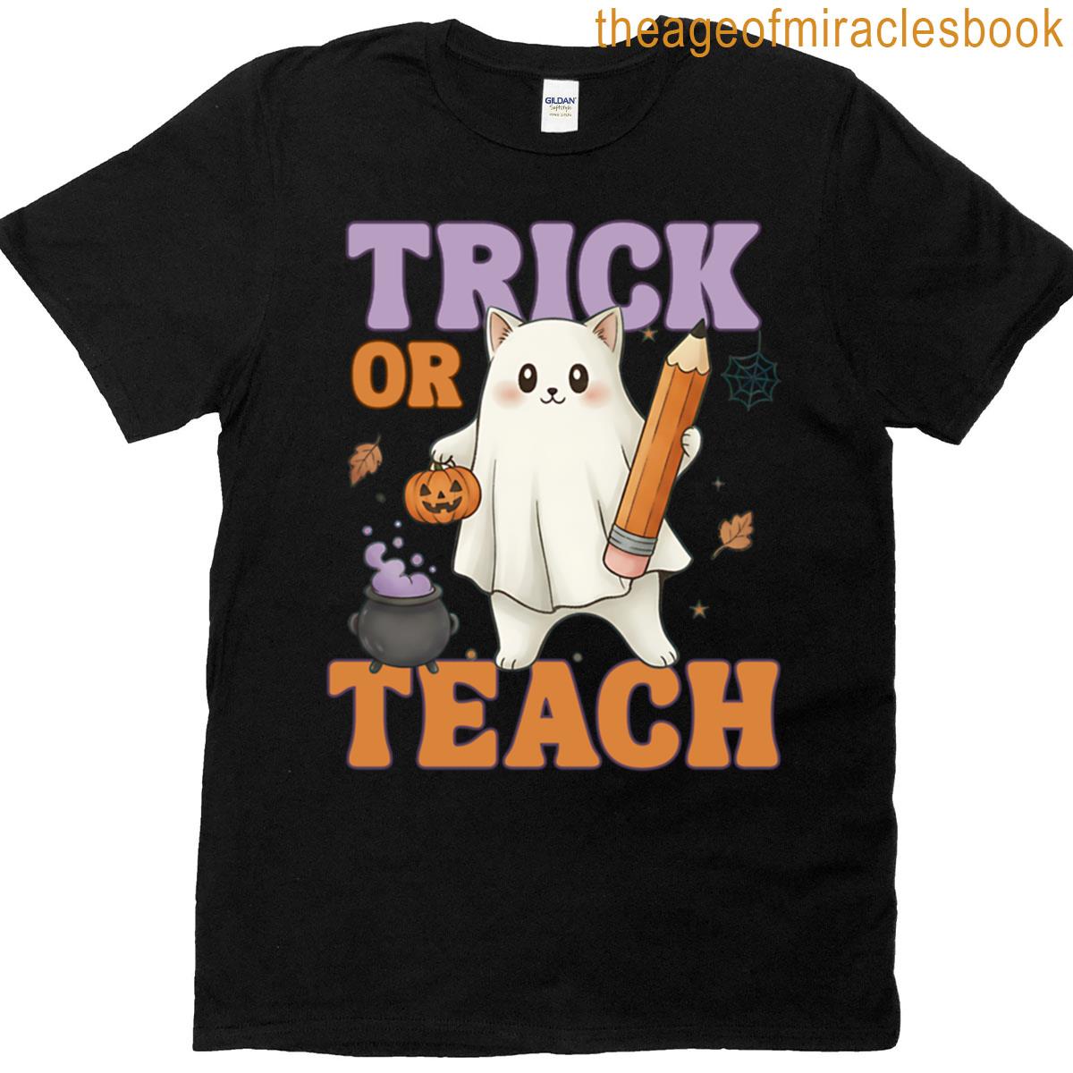 Trick Or Teach Halloween Cat Ghost T-shirt