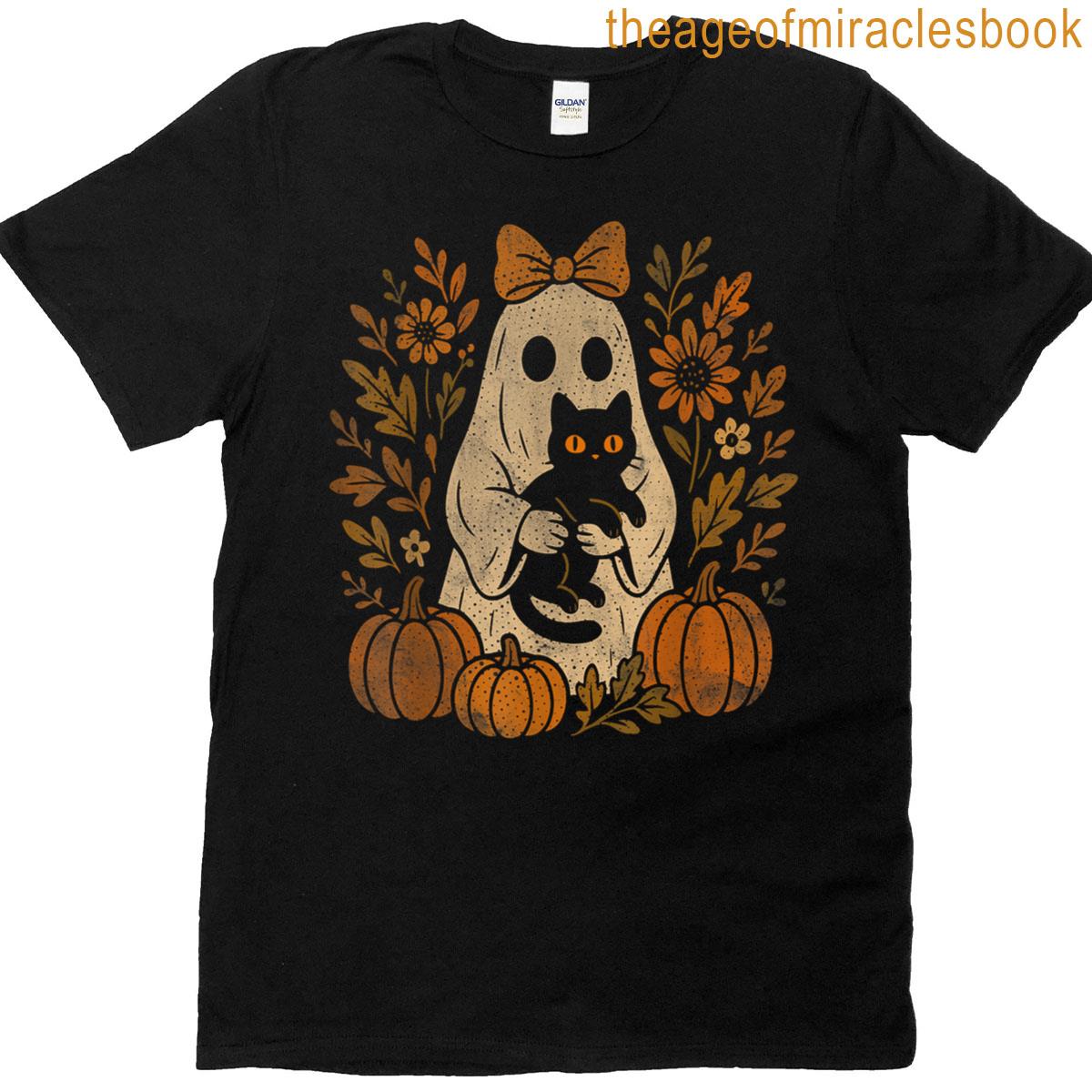 Cute Halloween Ghost Holding Black Cat Fall Pumpkins T-shirt