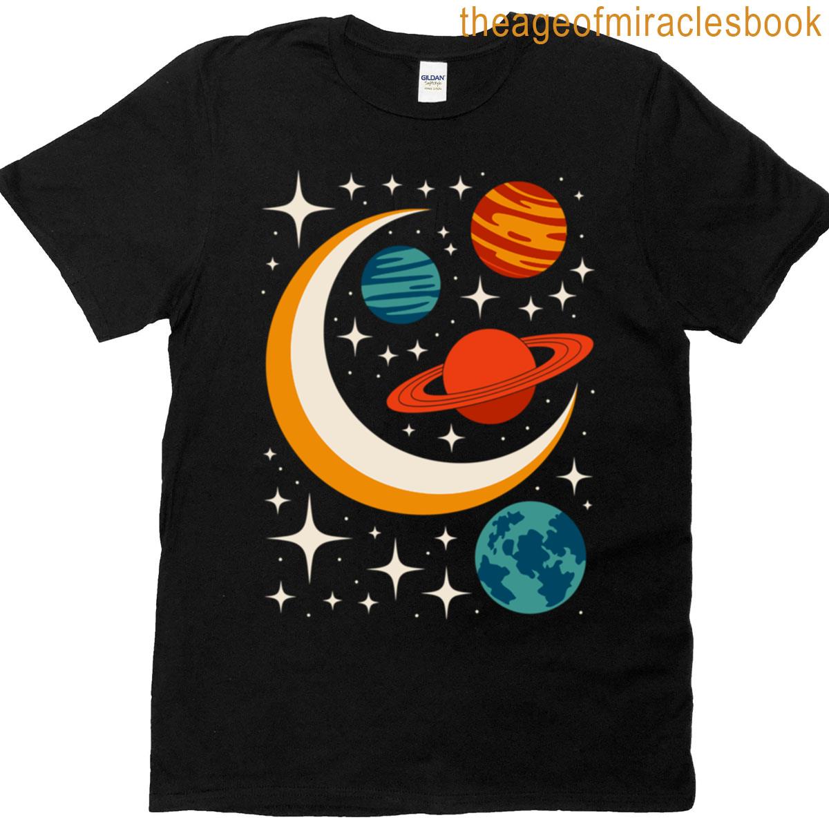 Retro Celestial Planets And Crescent Moon T-shirt