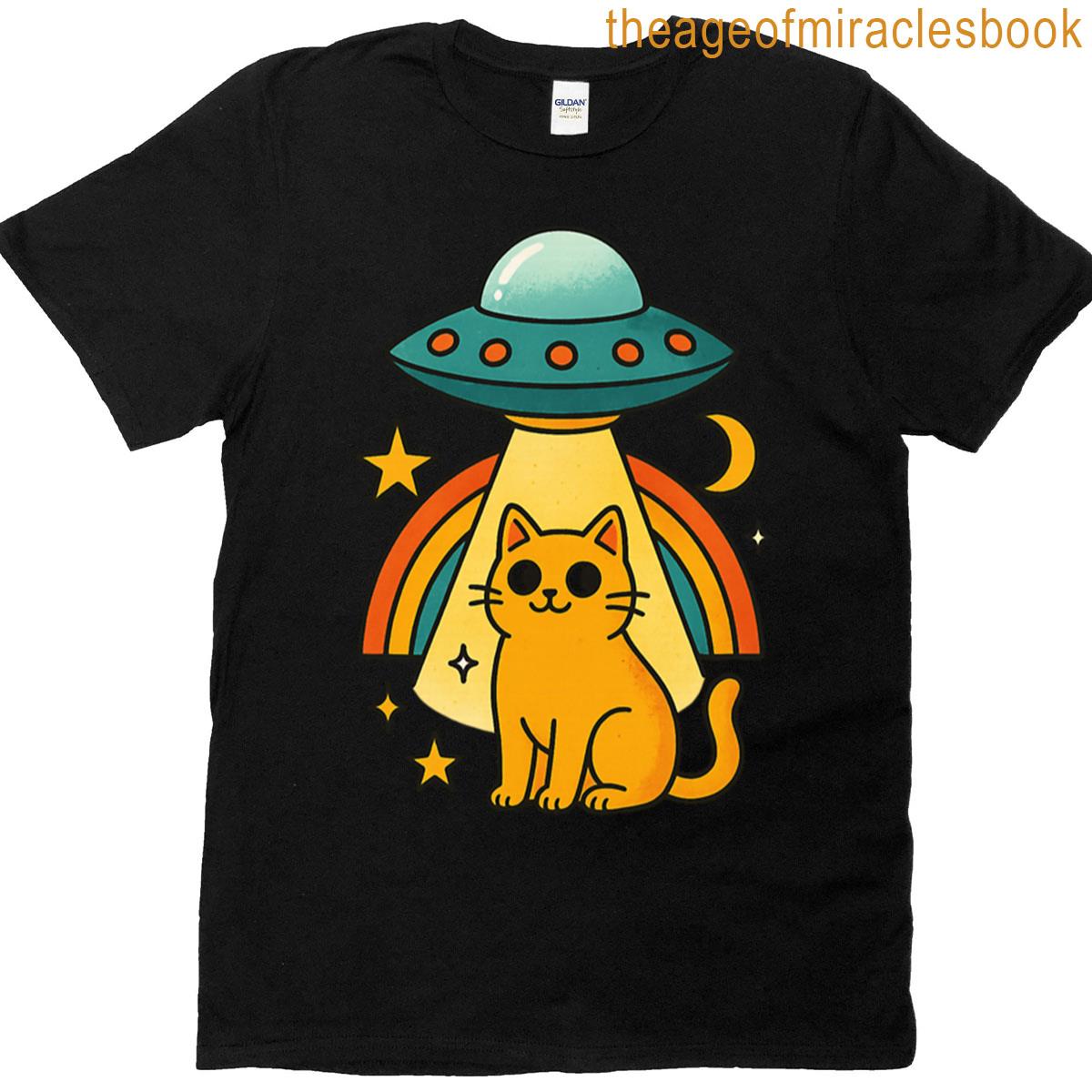 Retro Ufo Cat With Rainbow Beam T-shirt