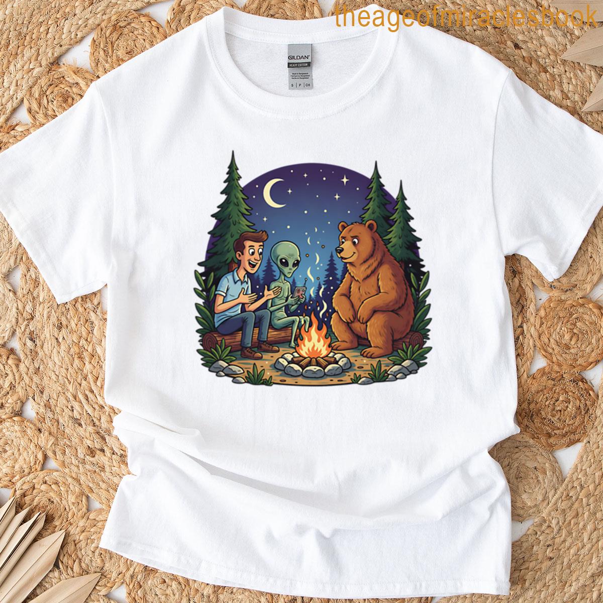 Alien Bear Human Campfire Friends T-shirt