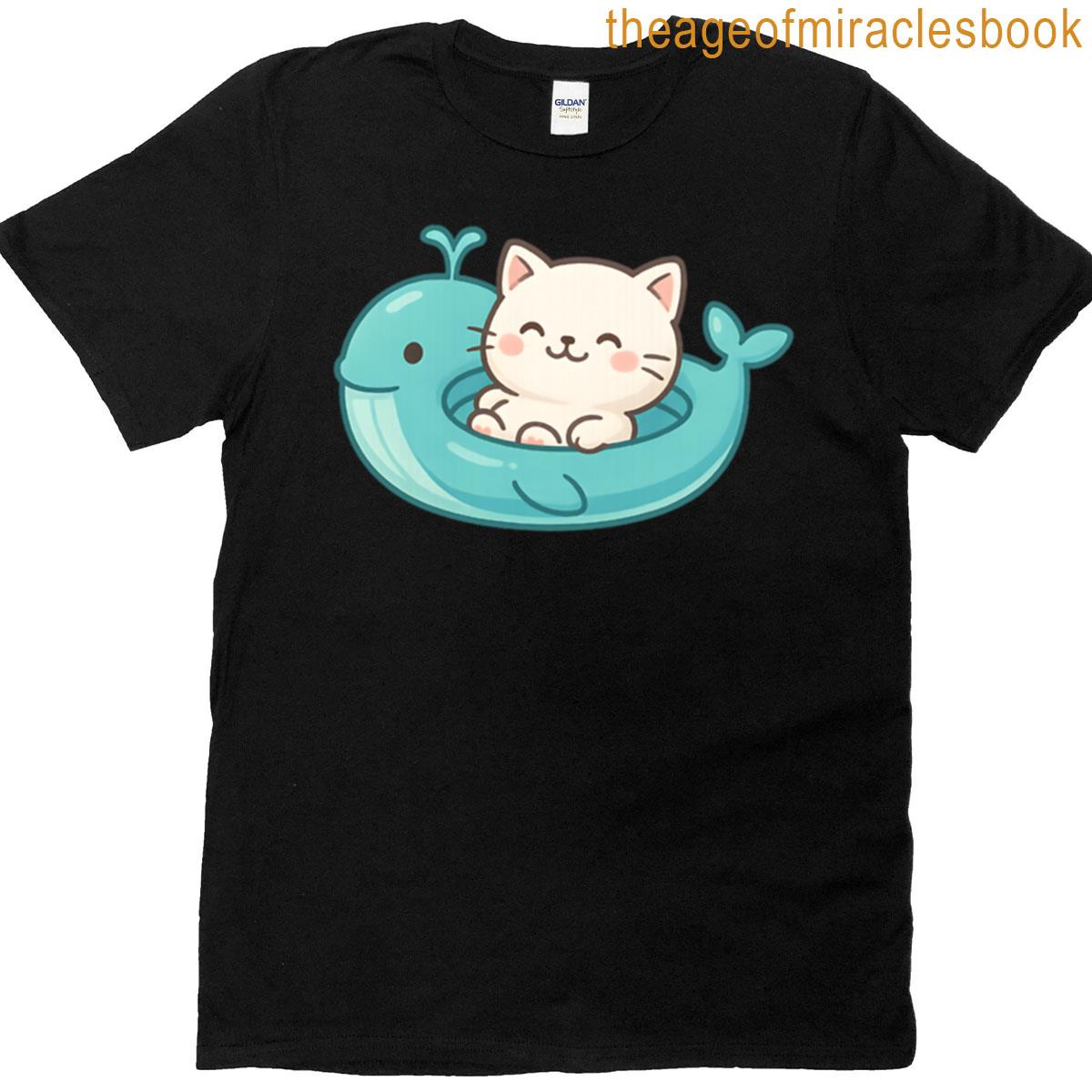 Cute Beige Cat On Blue Whale Float T-shirt