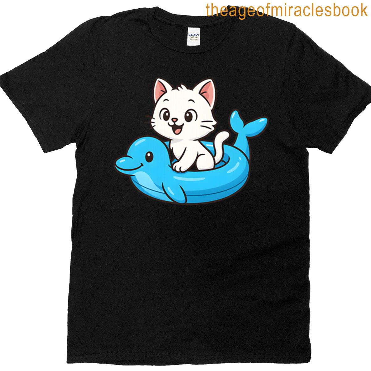 Cute White Kitten On Blue Dolphin Float T-shirt