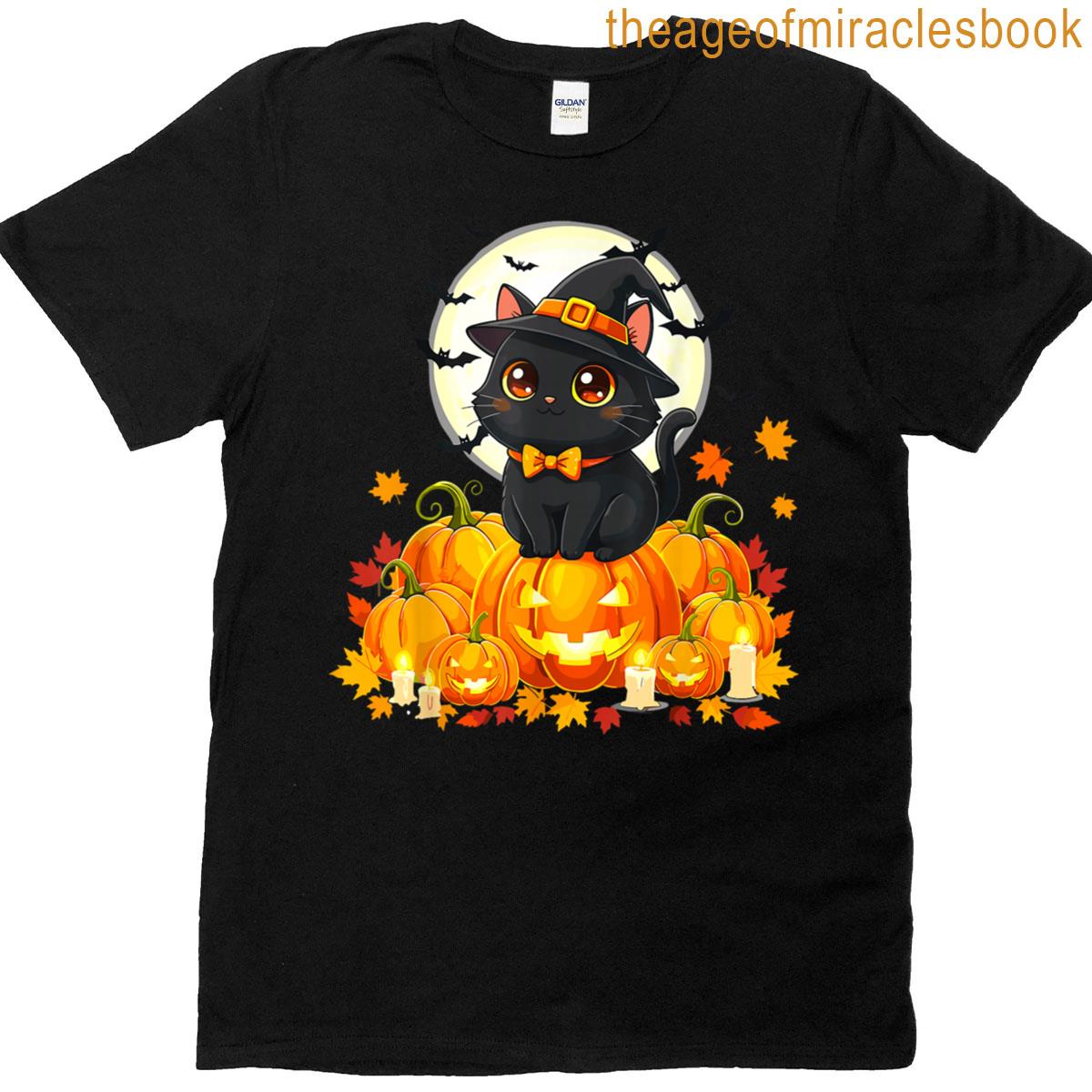 Black Cat Halloween Pumpkin Cat T-shirt