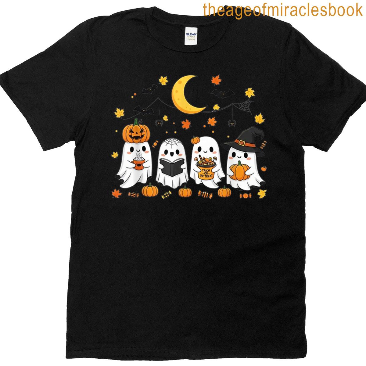 Cute Ghost Drinking Coffee Halloween Fall Ghost Book Reading T-shirt