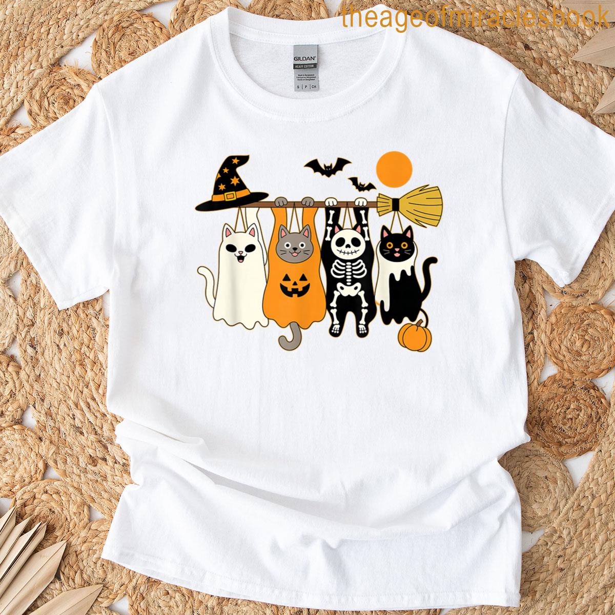 Cute Halloween Cat Ghost Pumpkin Skeleton T-shirt