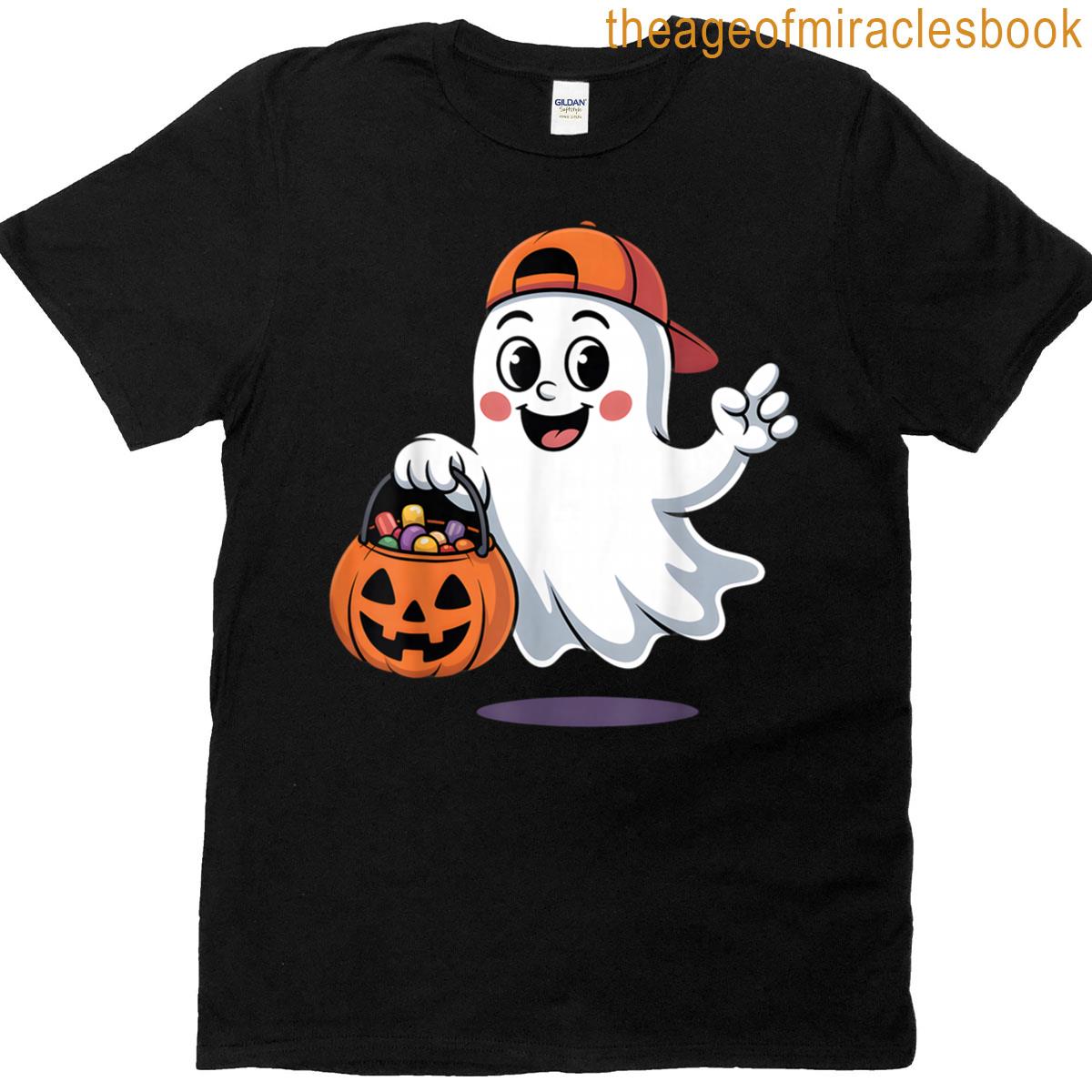 Cute Halloween Ghost With Candy Pumpkin Bucket T-shirt