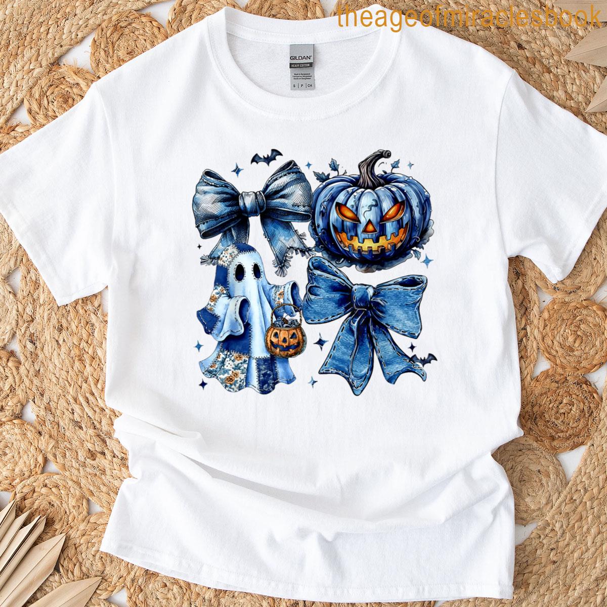 Halloween Blue Denim Ghost Patchwork Spooky Ghost T-shirt