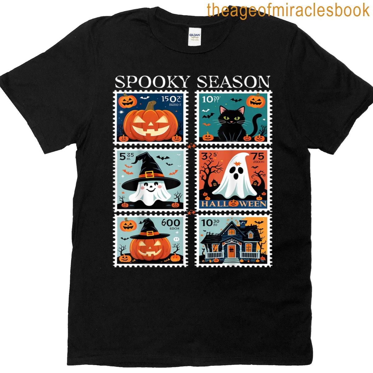Halloween Stamp Designs Featuring Pumpkins Cats Ghosts T-shirt
