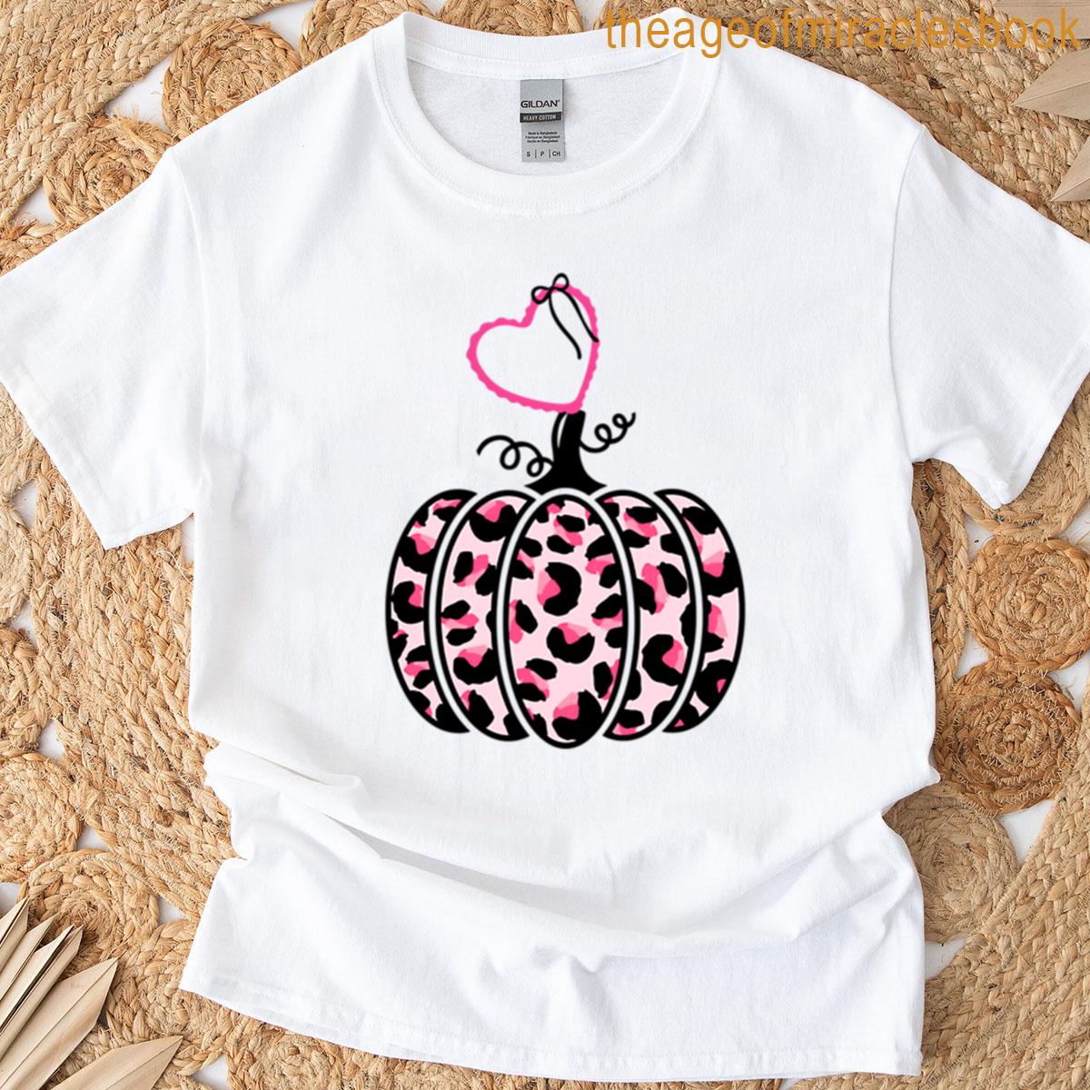 Pink Leopard Pumpkin Heart Halloween Fall Design T-shirt