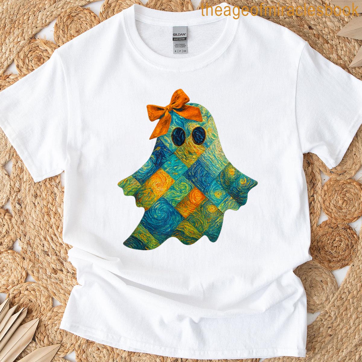 Quilted Ghost With Orange Bow Halloween Design T-shirt