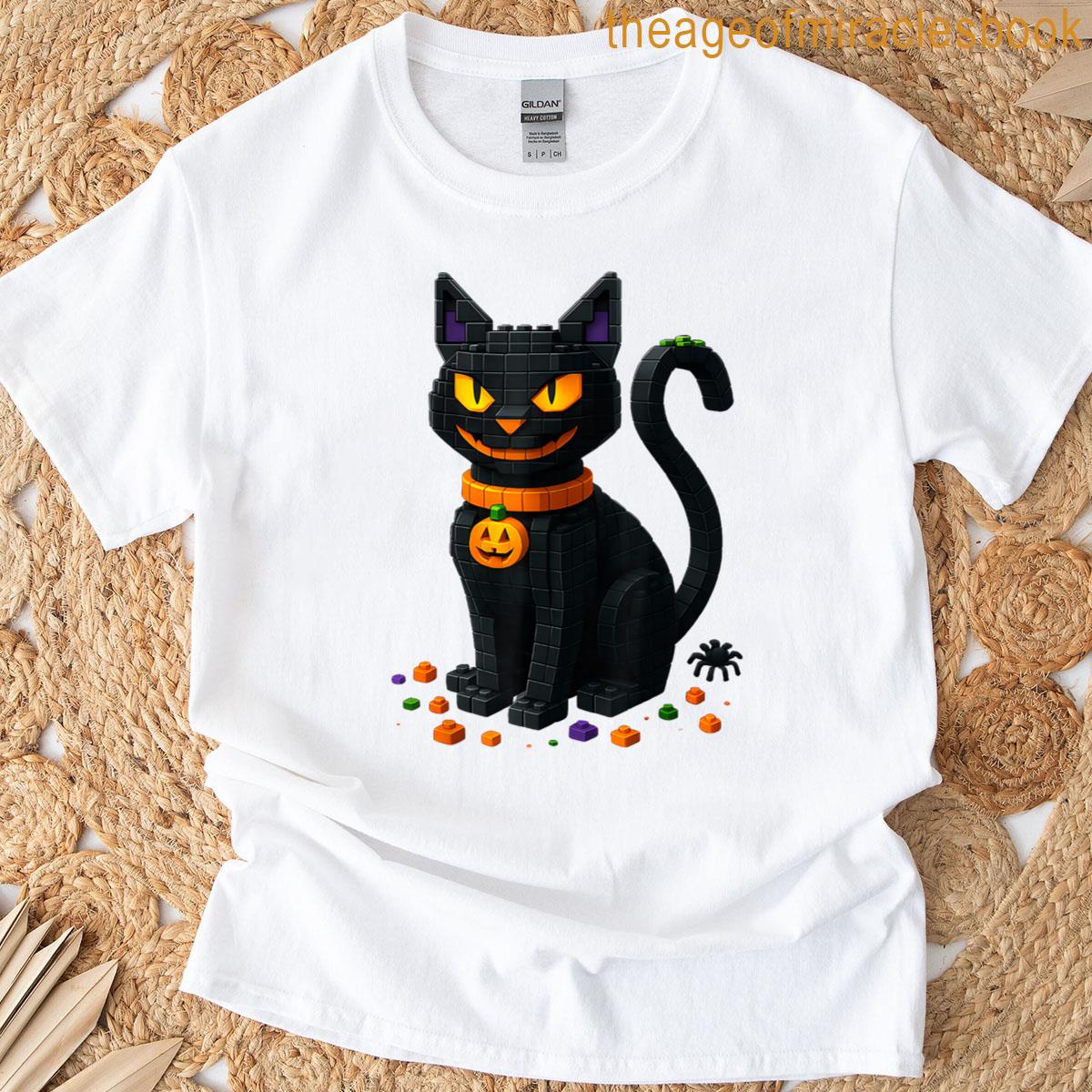 Retro Cat Brick Master Builder Blocks Halloween Black Cat T-shirt