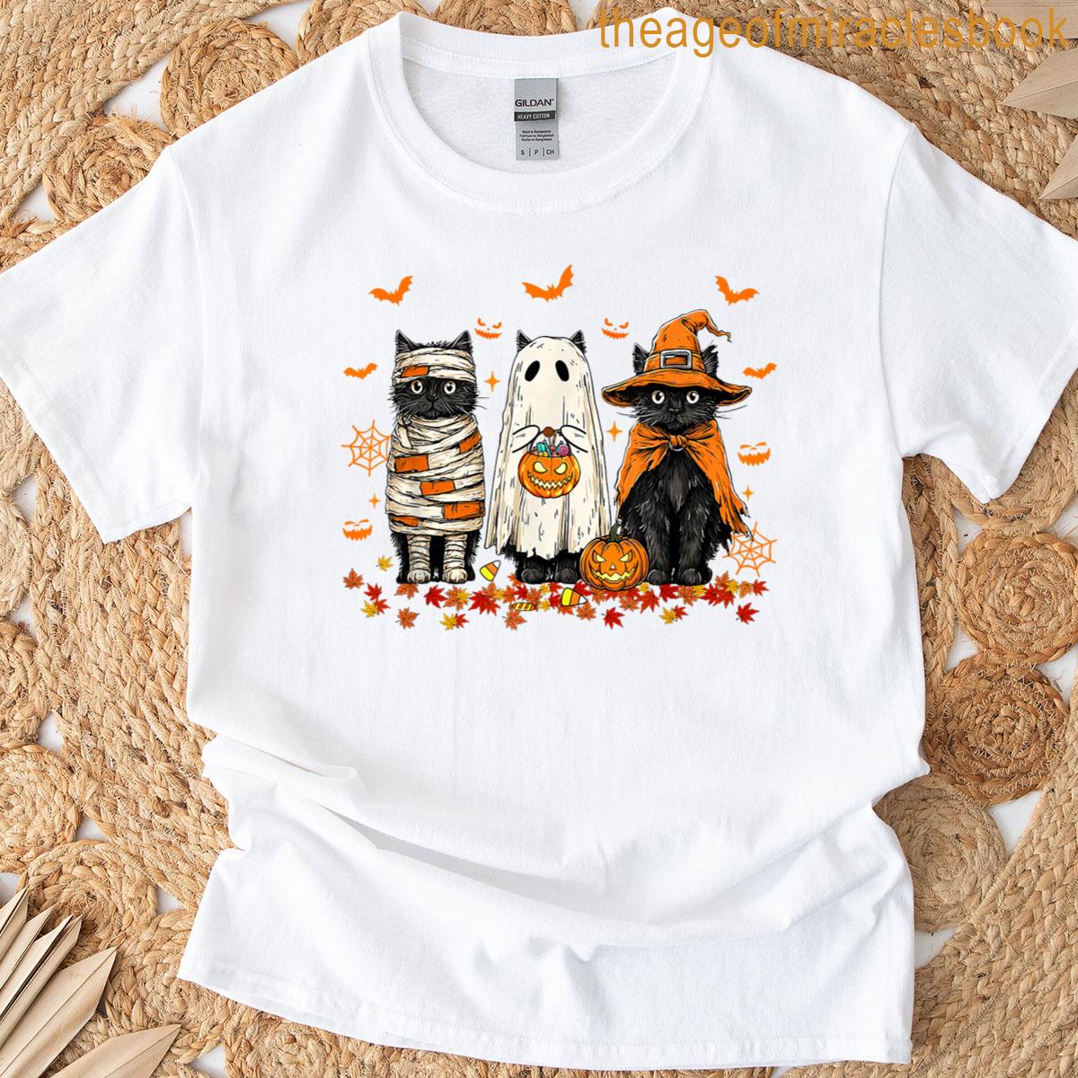 Retro Halloween Ghost And Witch Black Cat T-shirt