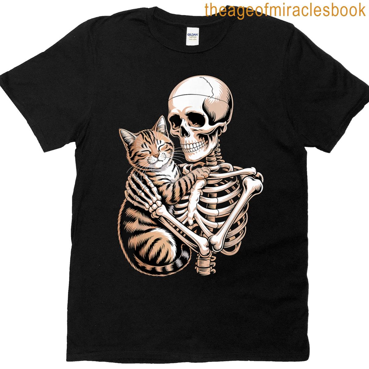 Skeleton Hugging Cat Halloween T-shirt