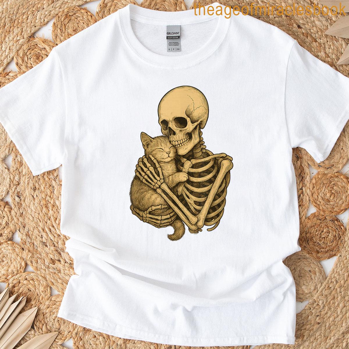 Spooky Halloween Cute Cat Hugging Skeleton T-shirt