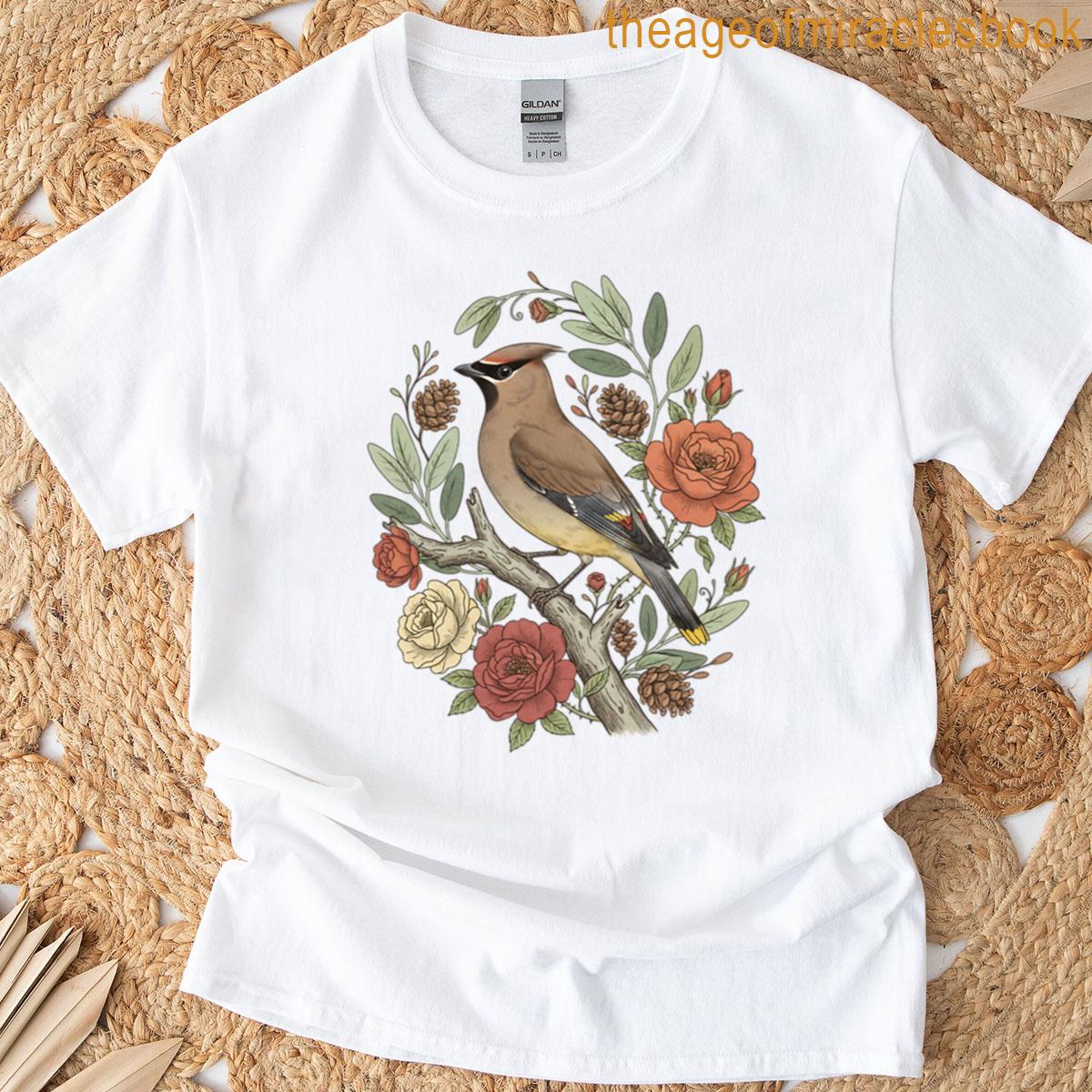 Beautiful Cedar Waxwing With Roses T-shirt