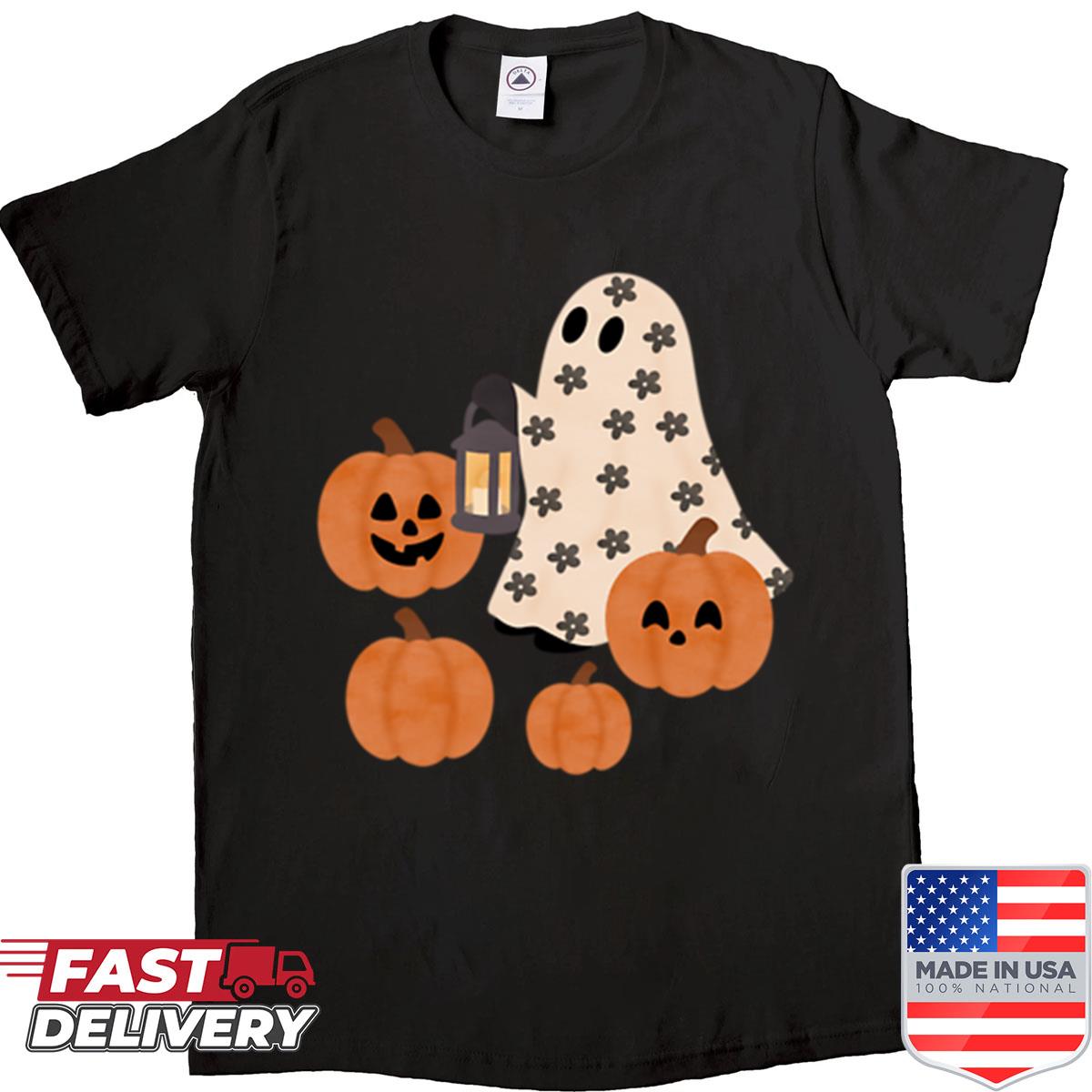 Cute Ghost With Pumpkins Halloween Seamless Pattern Shirt
