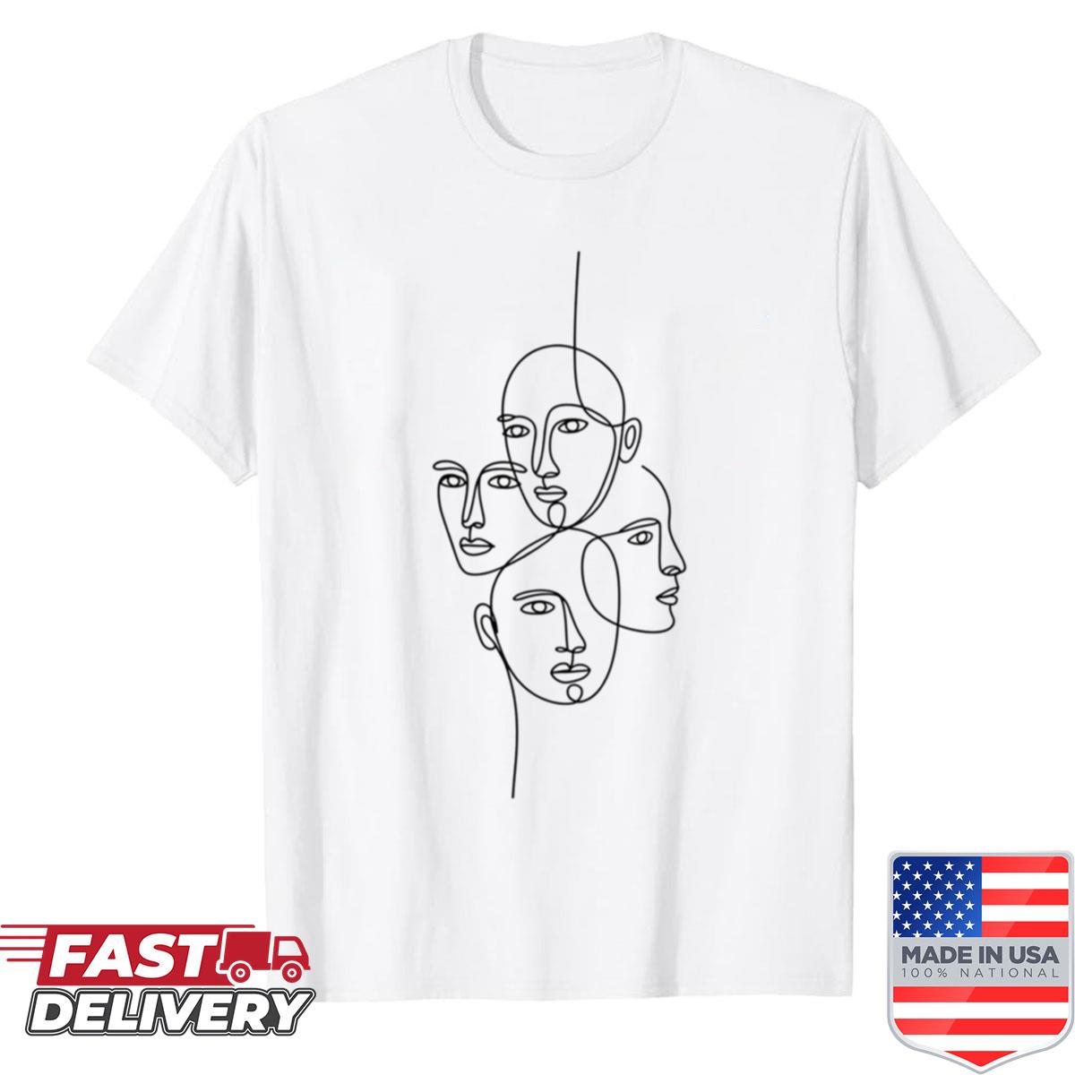 Abstract Faces In A Continuous Line Drawing Shirt