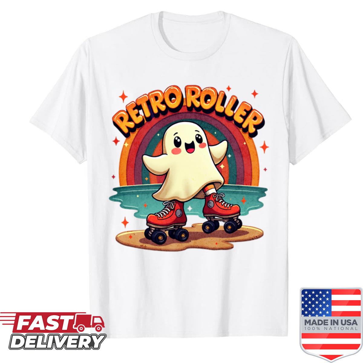 Retro Roller Skating Ghost With Rainbow Shirt