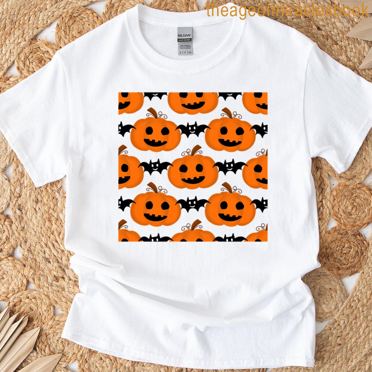 Cute Halloween Pumpkin And Bat Pattern T-shirt