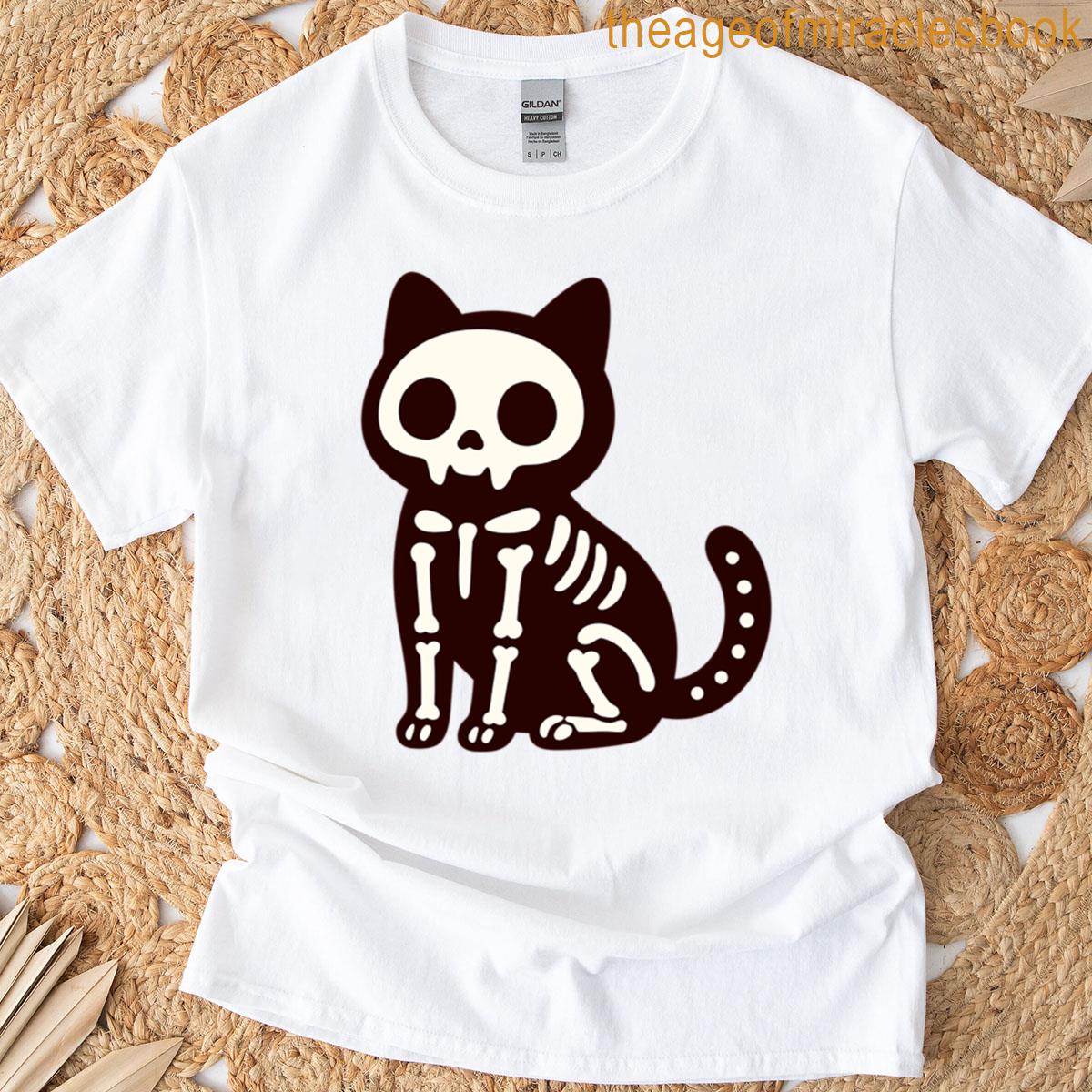 Cute Skeleton Cat Halloween Illustration T-shirt