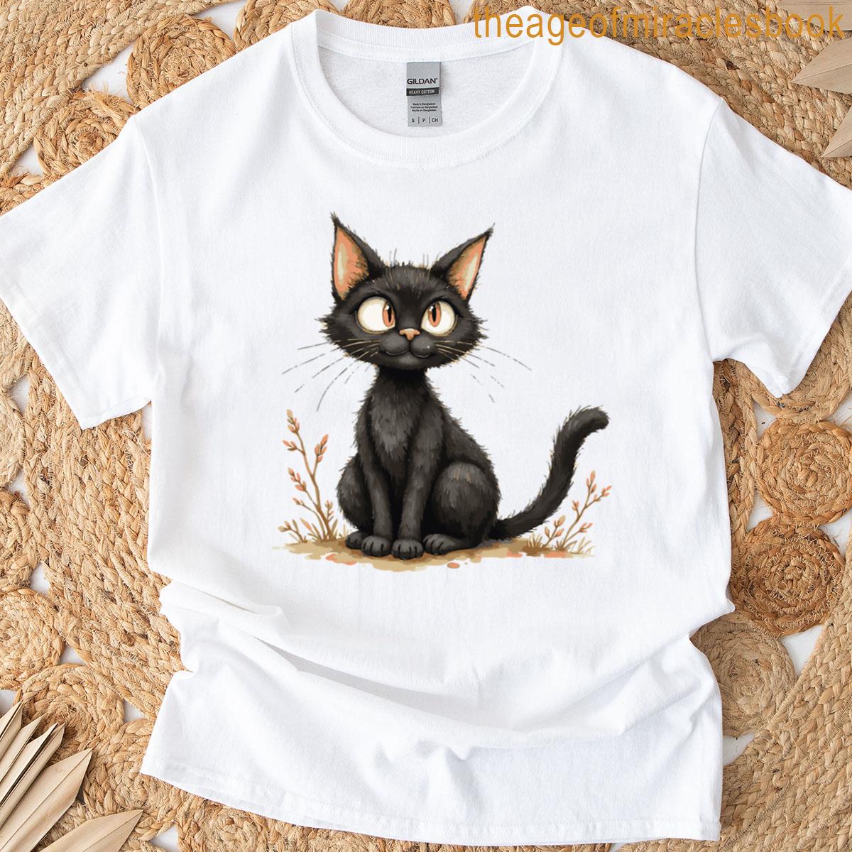 Fluffy Black Cat Cute Spooky Design T-shirt