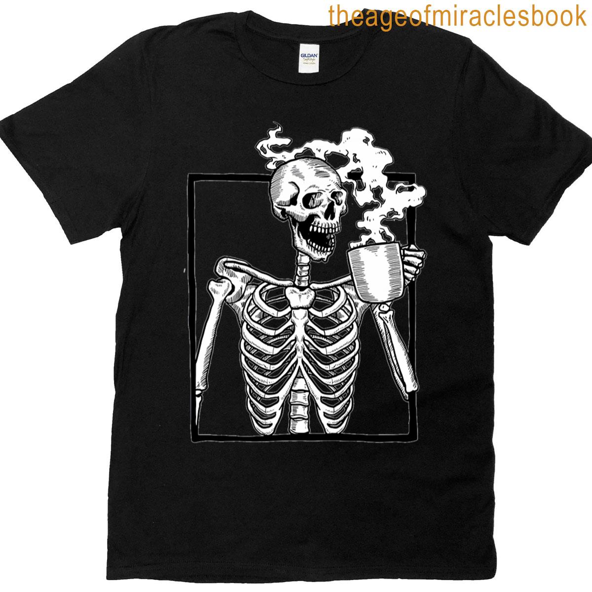 Halloween Skeleton Drinking Coffee Funny T-shirt