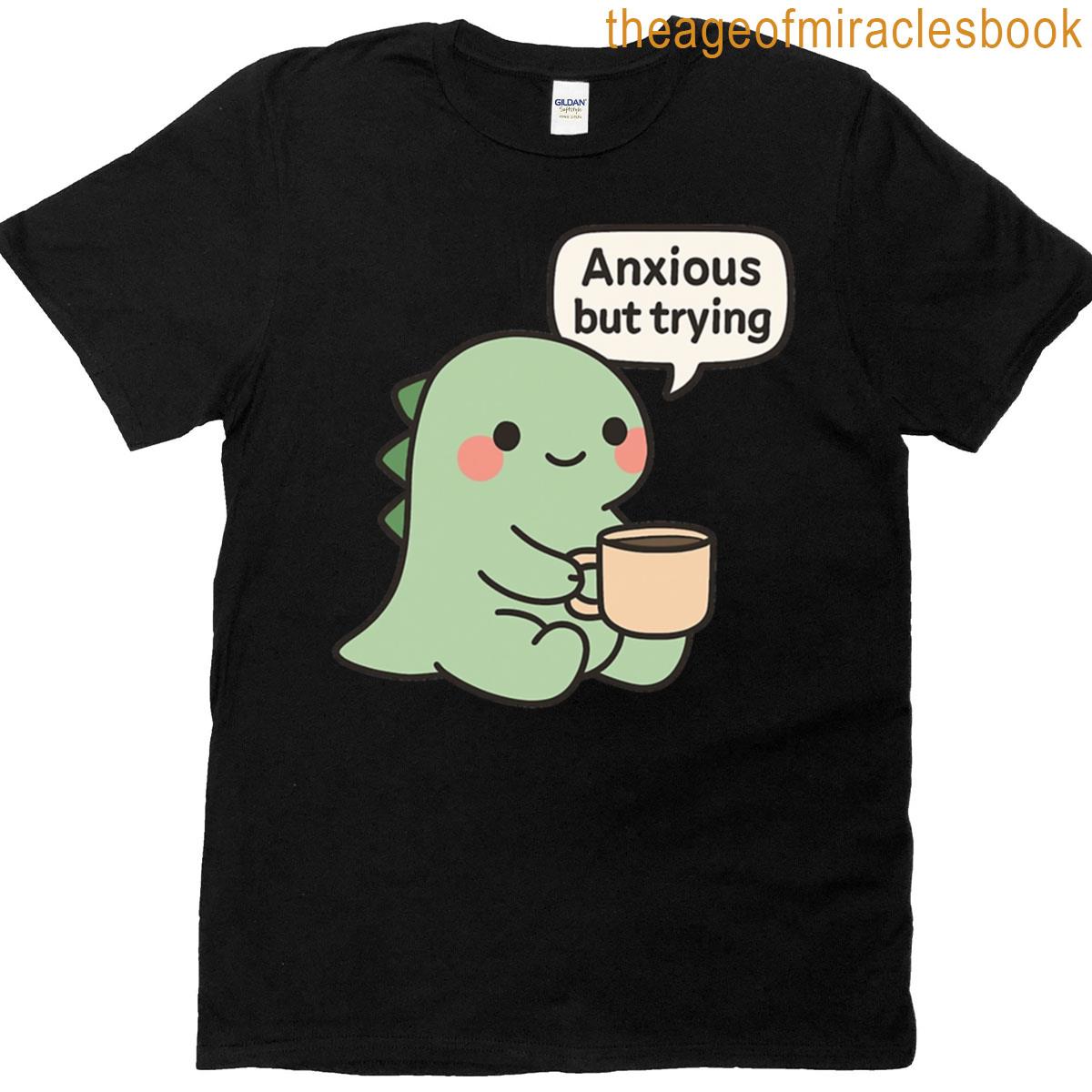 Anxious Dinosaur Drinking Coffee T-shirt