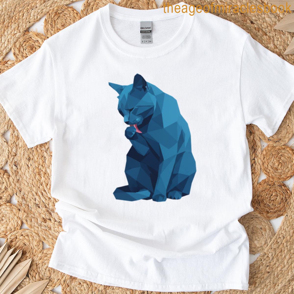 Blue Geometric Cat Cleaning Itself T-shirt