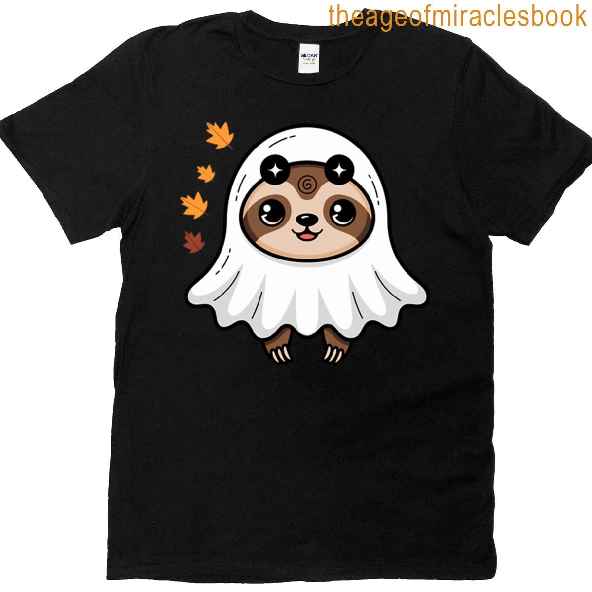 Cute Sloth Ghost With Autumn Leaves T-shirt