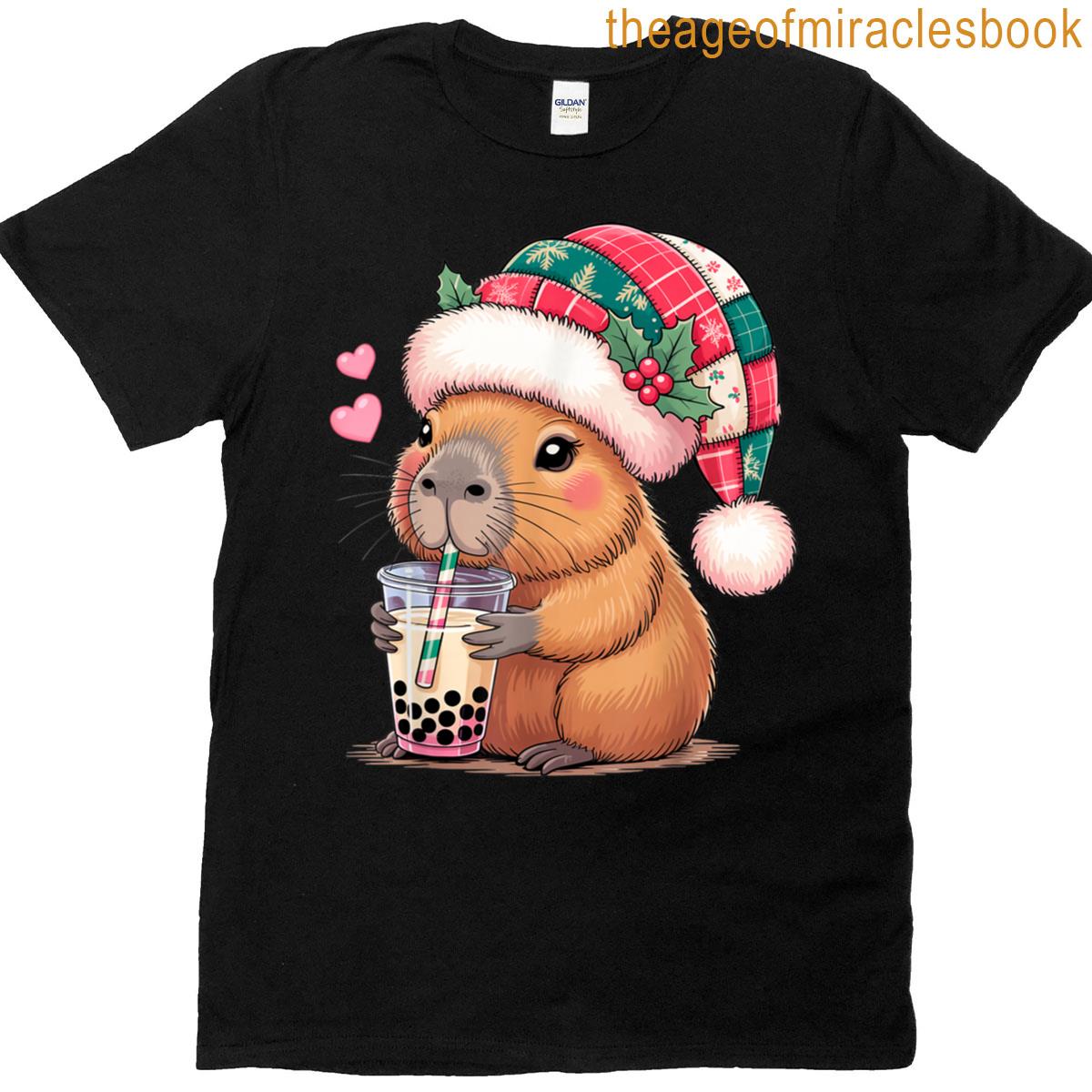 Cute Capybara Kawaii Santa Hat Patchwork Drinking Bubble Tea T-shirt