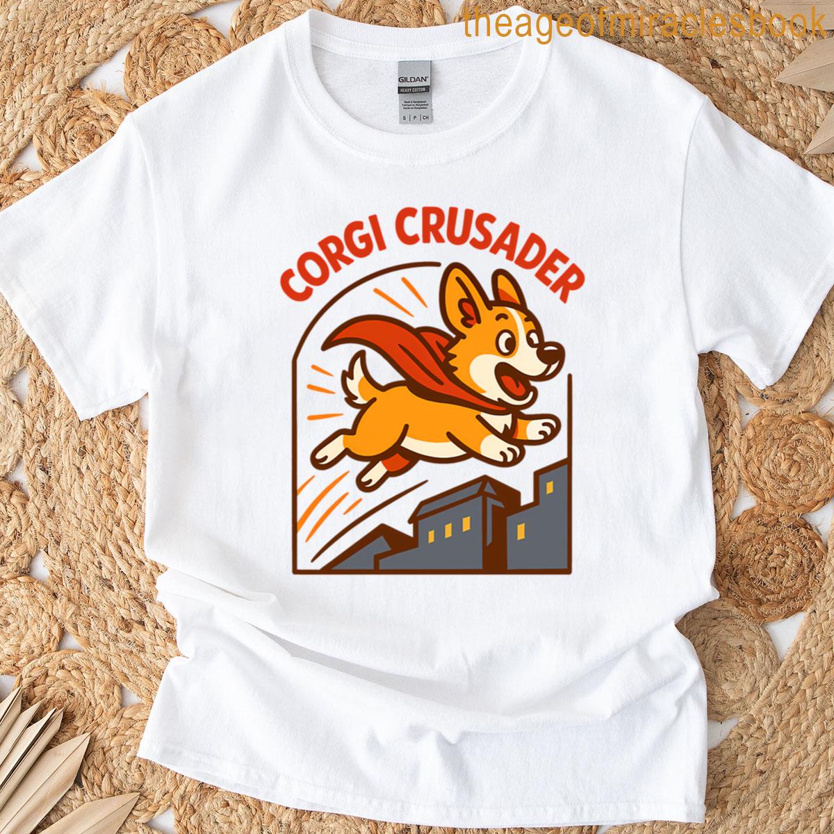 Cartoon Corgi Superhero Rooftop Action T-shirt