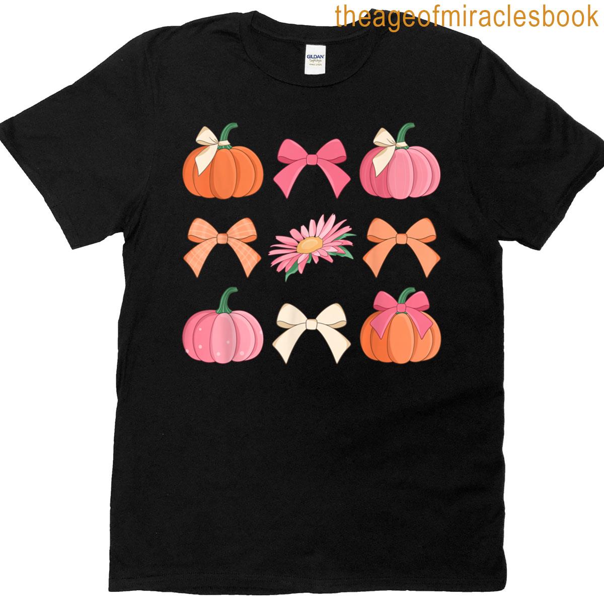 Fall Bow Theme Autumn Pumpkin Theme Pink T-shirt