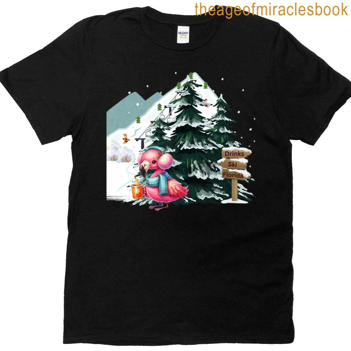 Flamingo Ski Winter Whimsy T-shirt