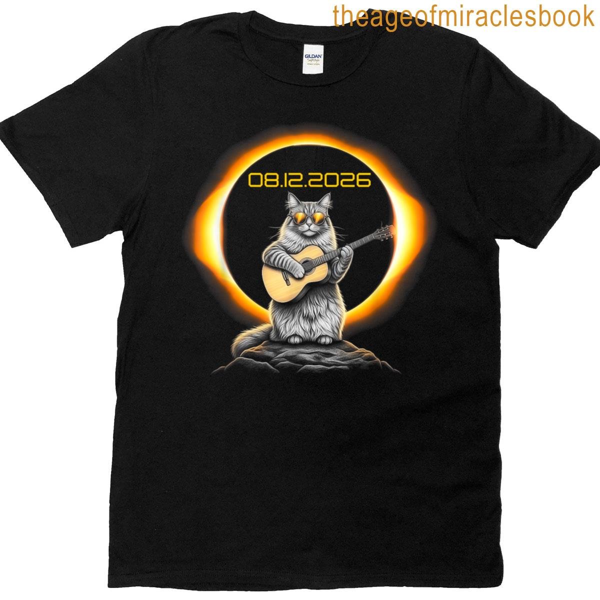 Funny Eclipse Cat Guitar 08122026 Solar Event Graphic T-shirt