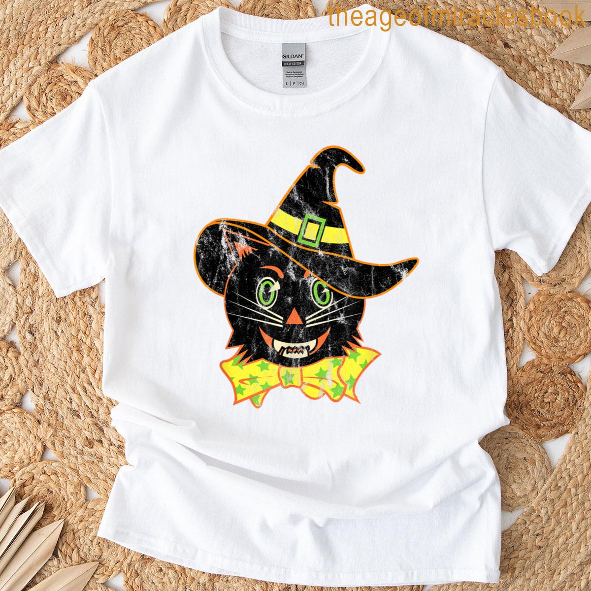 Vintage Halloween Witch Hat Cat T-shirt