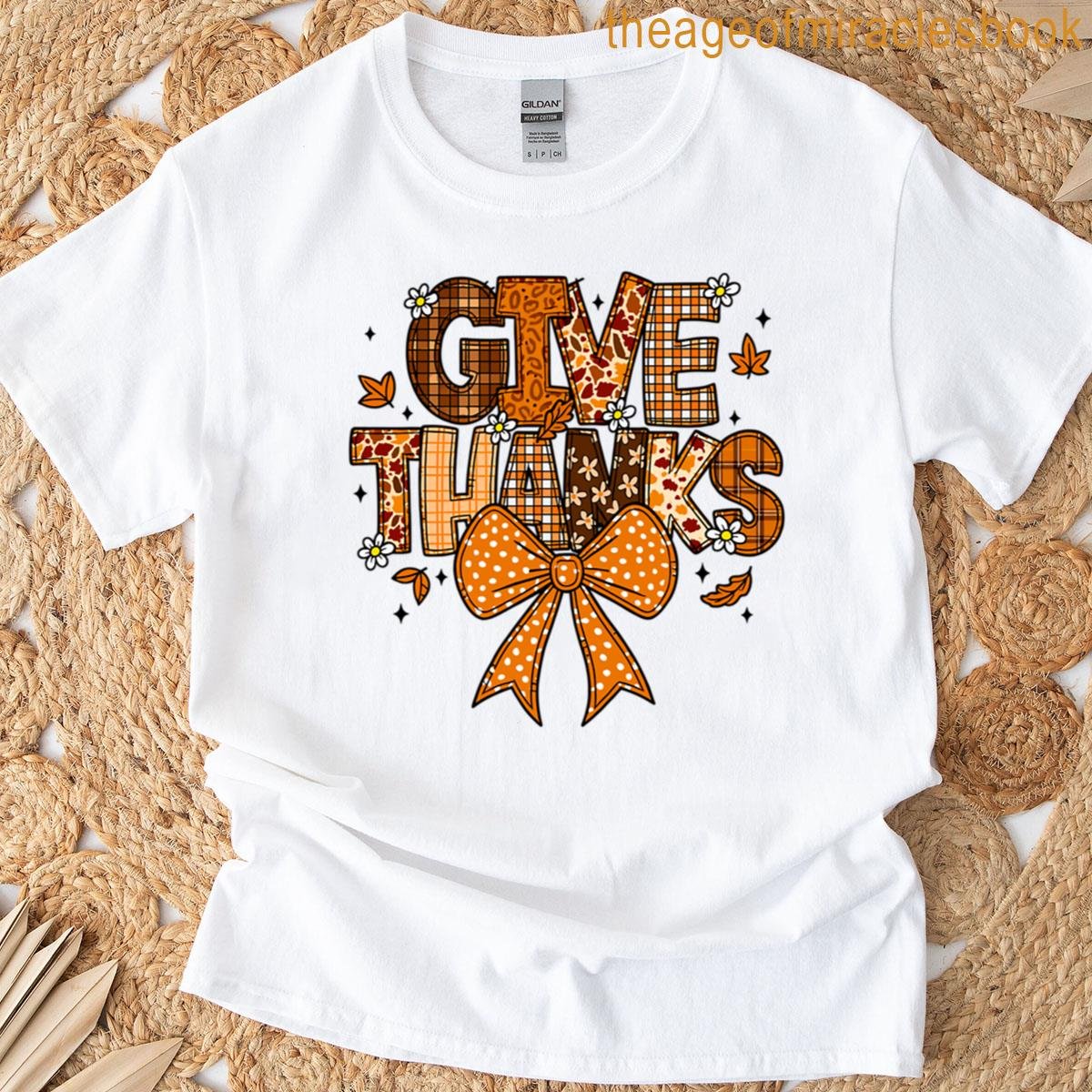 Give Thanks Patchwork Fall Lettering With Bow T-shirt