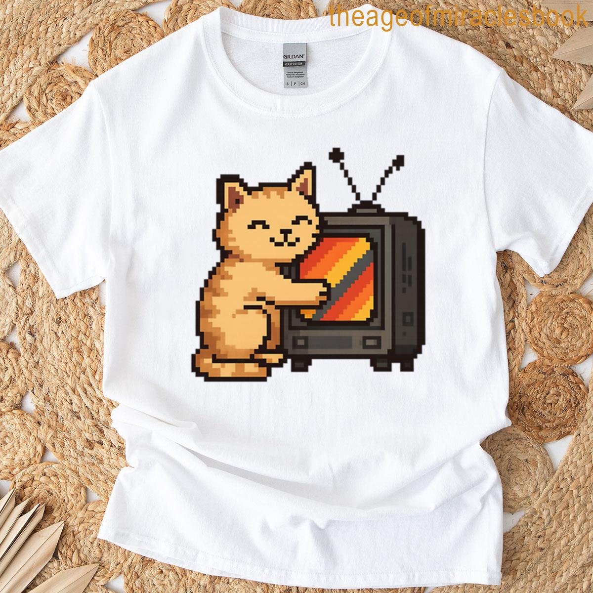 Retro Pixel Cat Hugging Retro Tv T-shirt