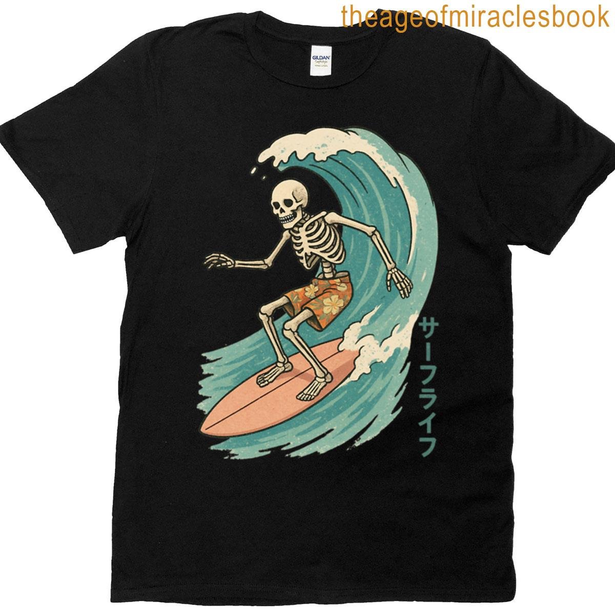 Skeleton Surfer On Wave Retro Beach Art T-shirt