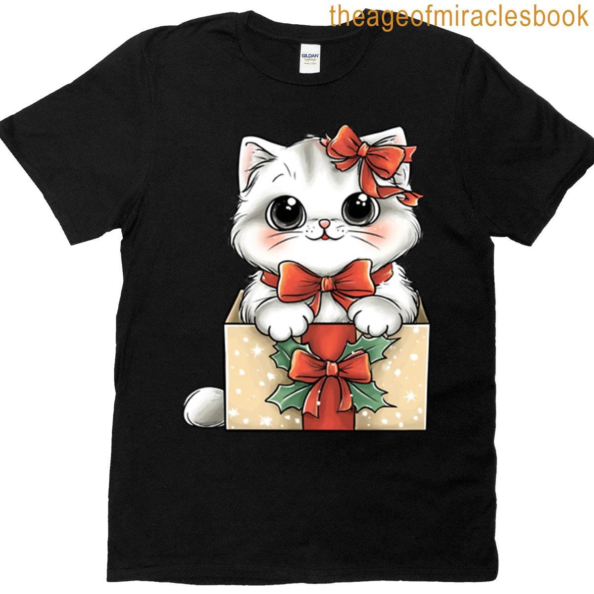 Cute White Christmas Cat In Gift Box T-shirt