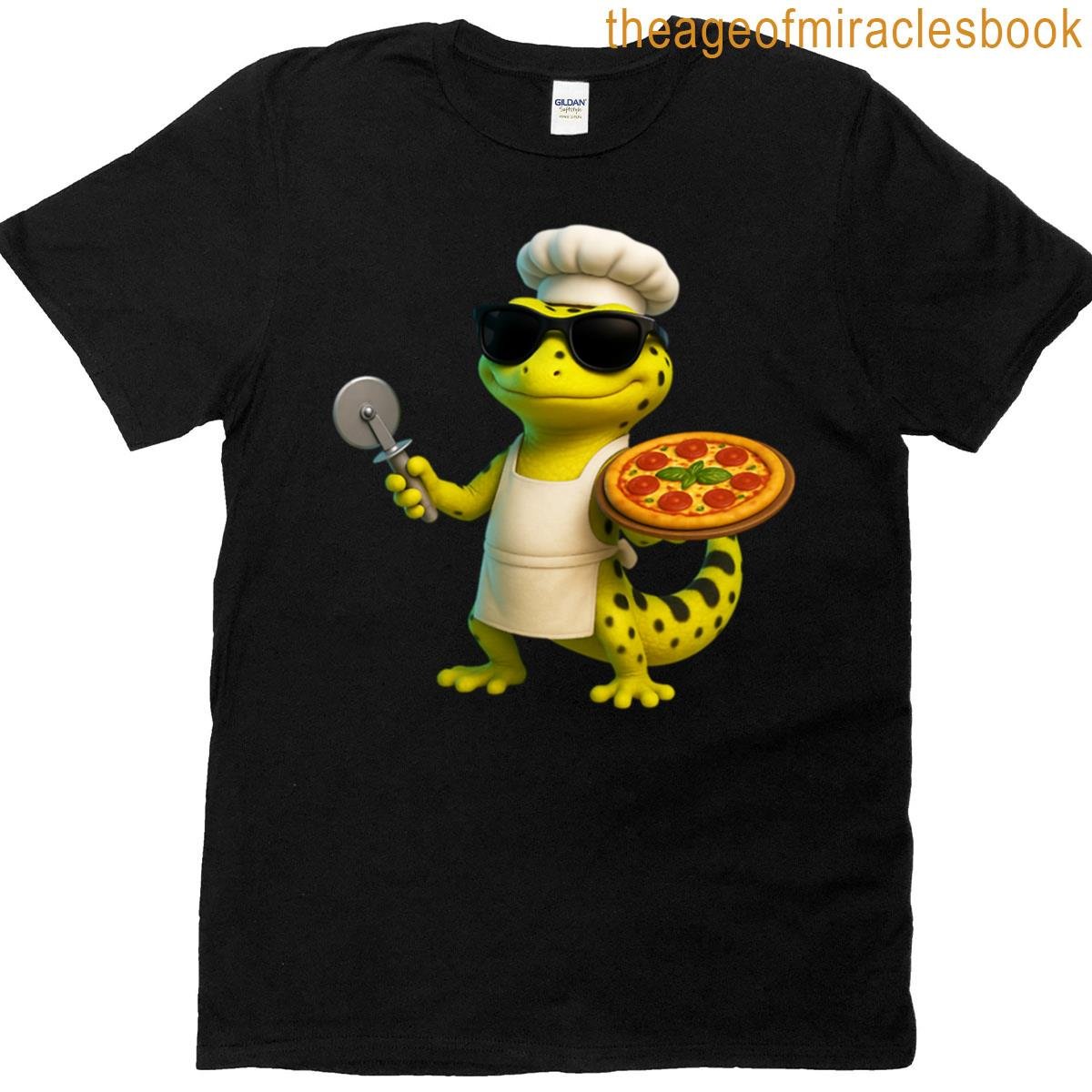 Neon Gecko Pizza Master Cool 3d Lizard Chef T-shirt