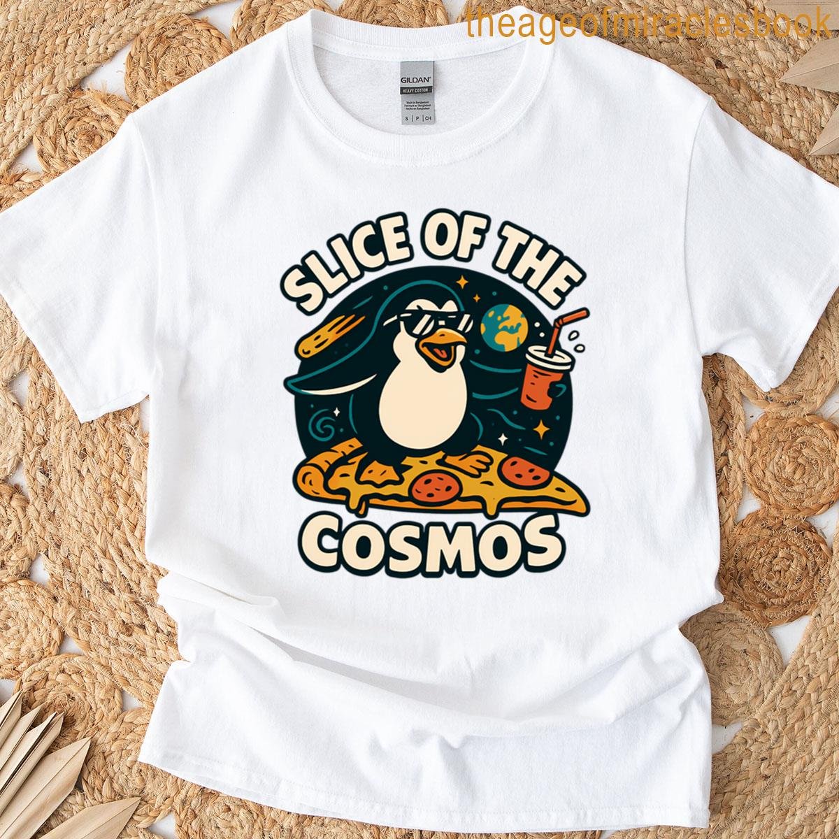 Retro Penguin Space Pizza Cosmic Adventure T-shirt