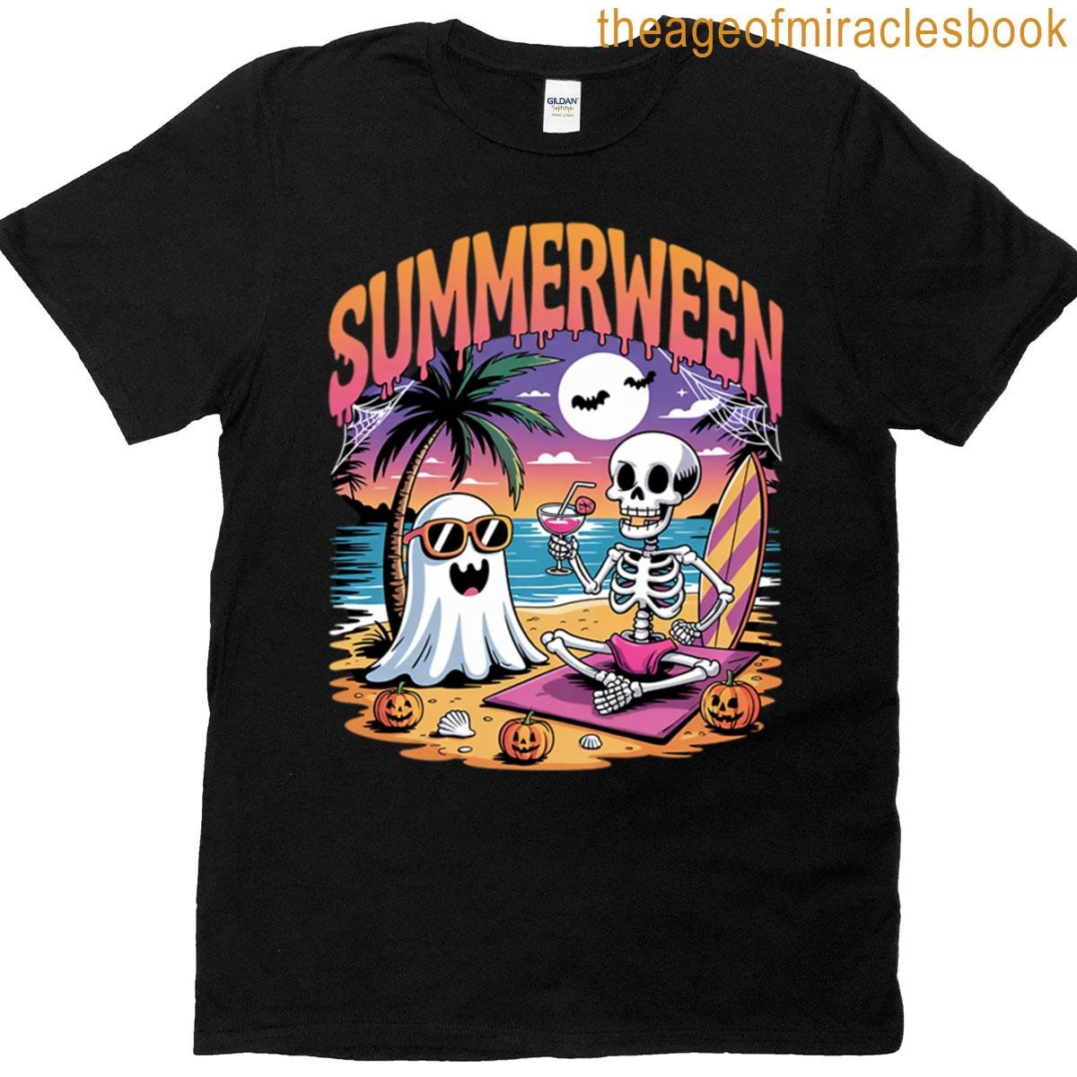 Summerween Skeleton Ghost Beach Spooky Halloween T-shirt