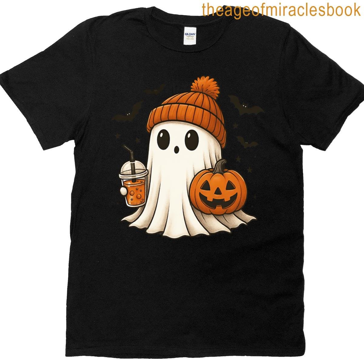 Cute Halloween Ghost With Pumpkin And Bubble Tea T-shirt
