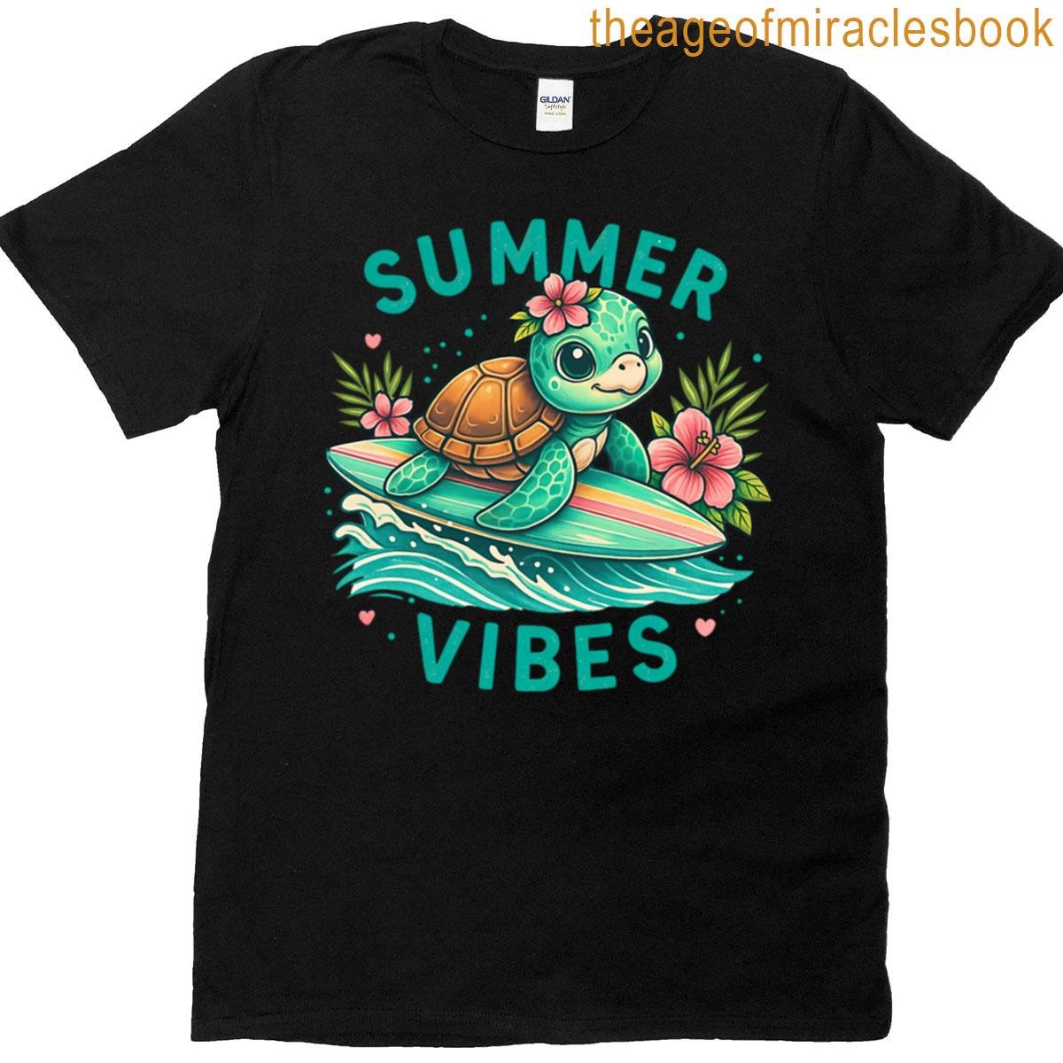 Cute Surfing Turtle With Summer Vibes Text T-shirt