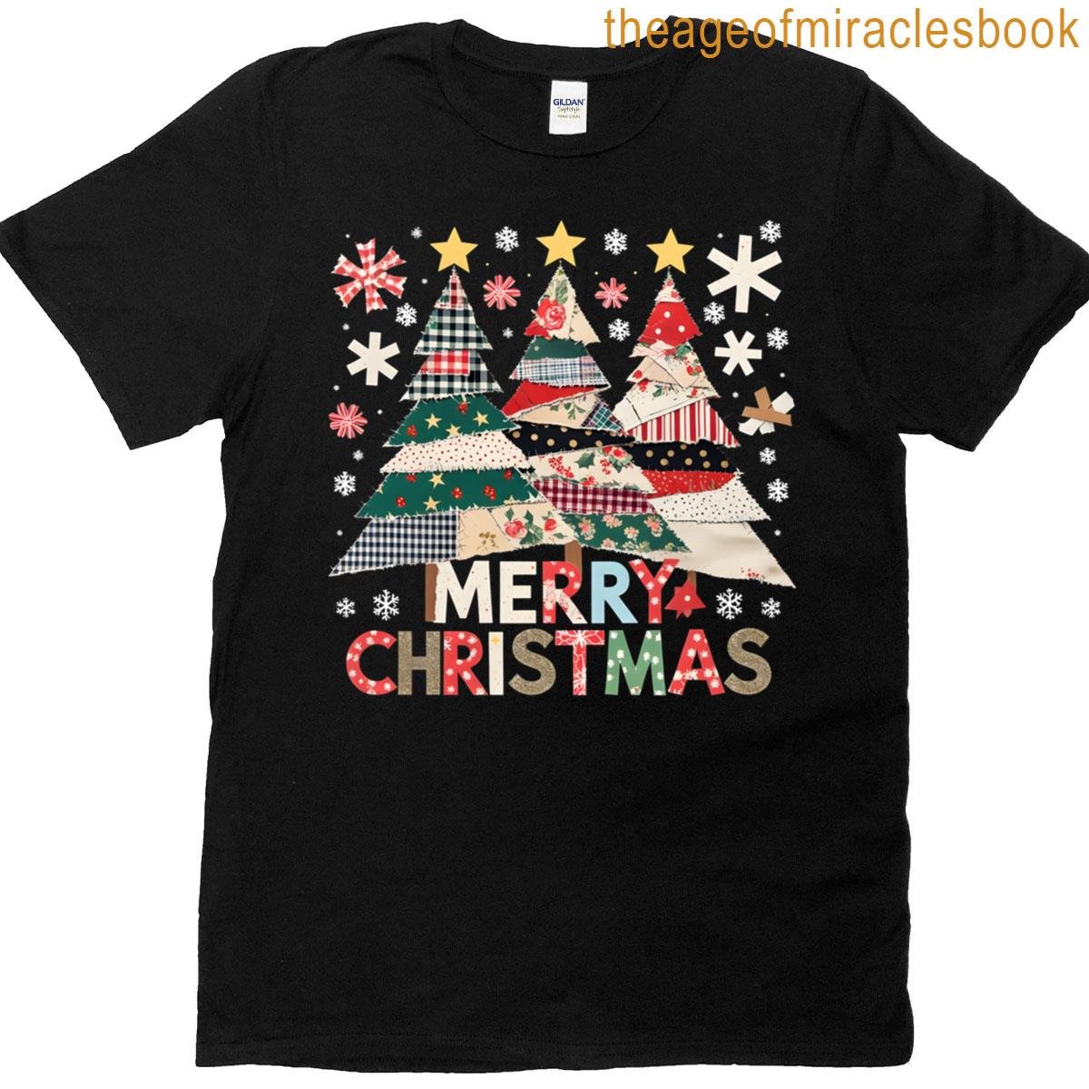 Merry Christmas Patchwork Tree Rustic Holiday Art T-shirt
