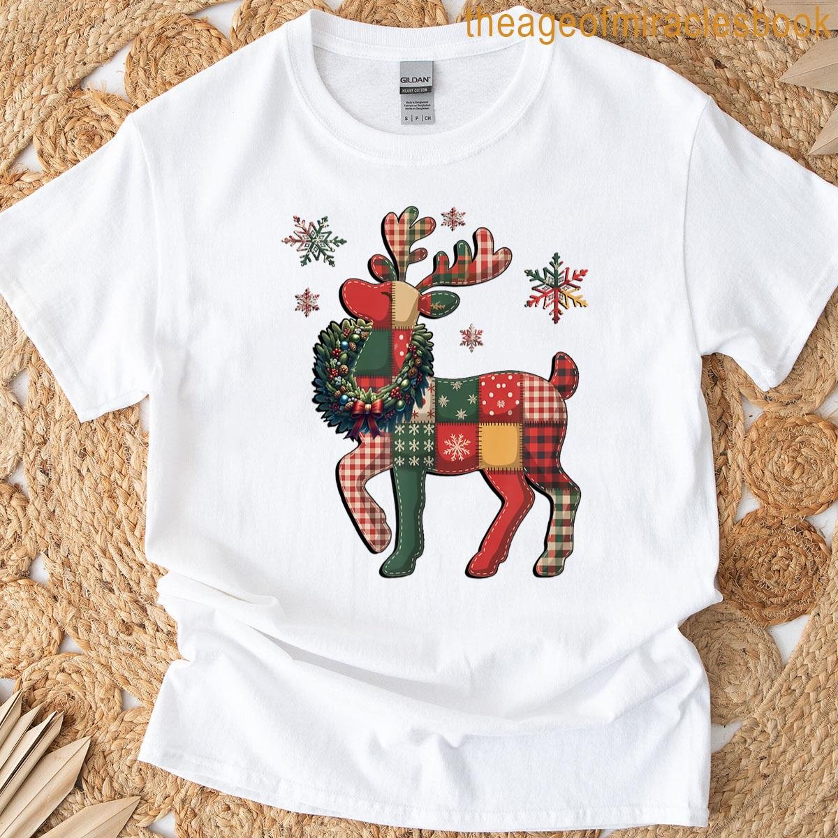 Reindeer Patchwork Design Cute Christmas T-shirt